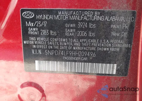 2017 Hyundai Elantra Se z USA, uszkodzony, nr VIN 5NPD74LF9HH209496